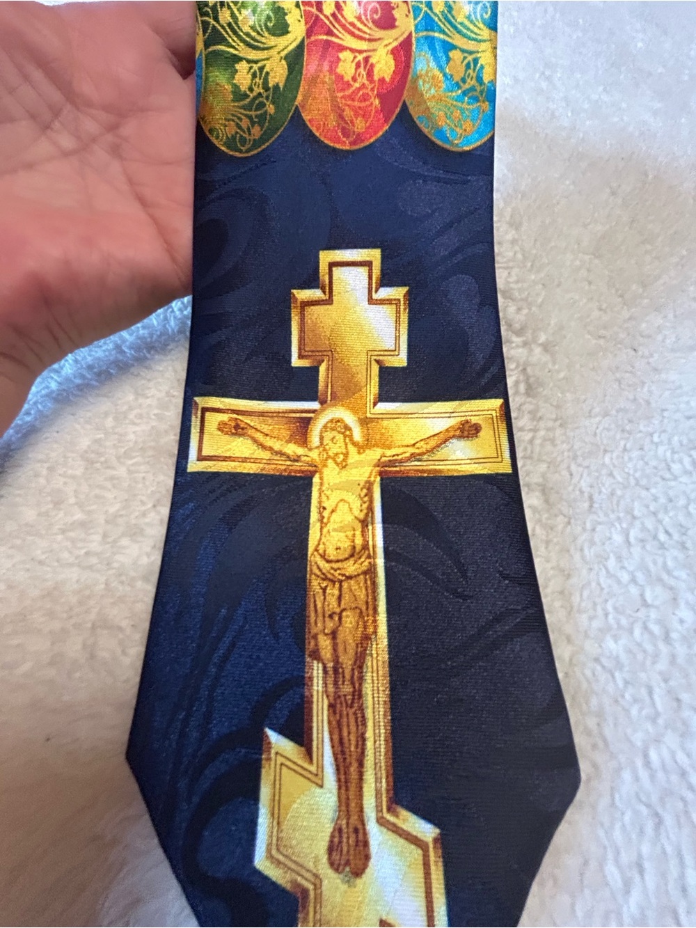 🎁3 for $30 - Happy Easyer Navy Tie with Gold Crucifix Motif